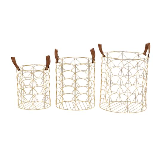 CosmoLiving by Cosmopolitan Gold Metal Storage Basket with Faux Leather Handles Set of 3 16", 14